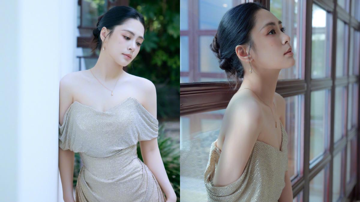 近期阿嬌身穿露肩低胸的香檳色晚禮服出席保養品牌活動，展現零死角的美貌與良好體態。（圖／翻攝自鍾欣潼微博）