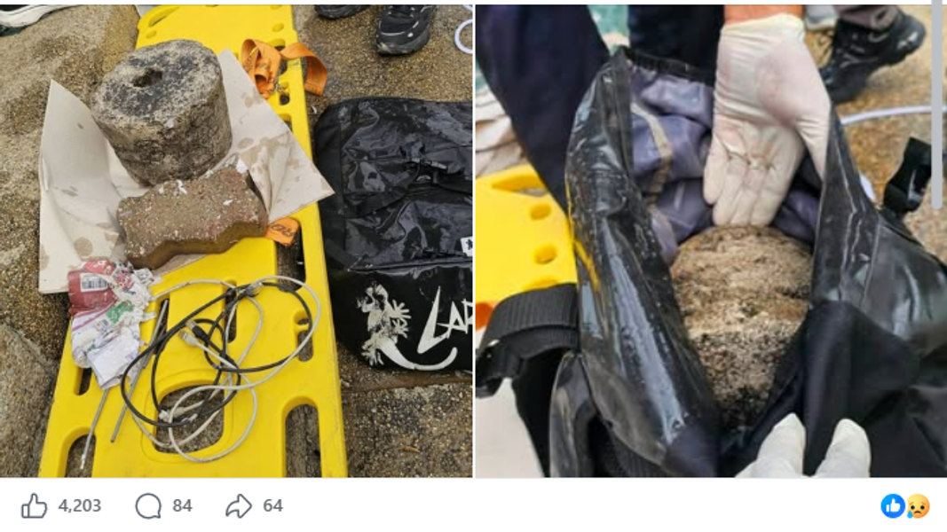 死者背包內部裝滿了水泥磚與石頭,總重高達20公斤。(圖/翻攝自FB@พงศกร รอดภัย)