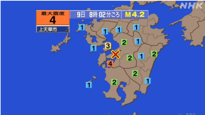 熊本再傳規模4.2地震!最大震度4級 無海嘯威脅