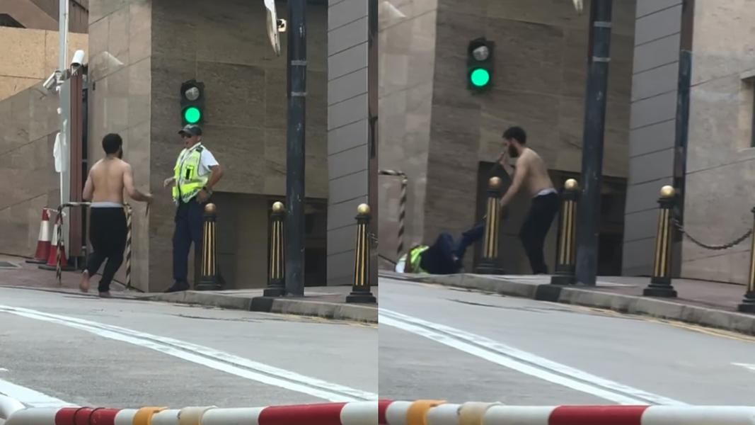 一名男子持刀追趕保全,保全不慎跌倒。(圖/翻攝自THREAD)