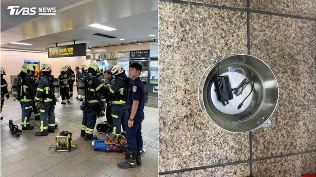 北捷車廂傳出行動電源起火燃燒,大批警消趕抵現場搶救。(圖/TVBS)