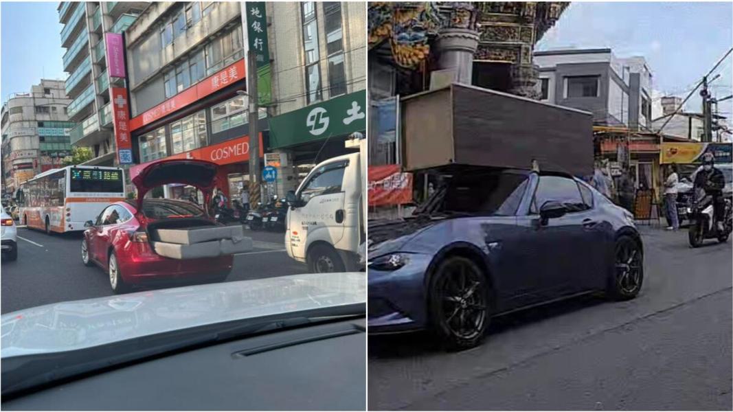 Tesla載沙發或是床墊,甚至Mazda MX-5敞篷車車頂硬扛大型櫃體。(圖/翻攝自路上觀察學院)