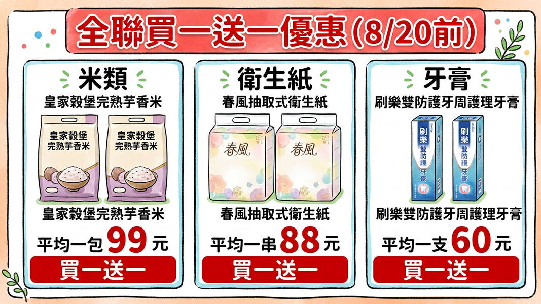 全聯買一送一優惠,若資訊有變動請以官方公告為主。(圖/AI示意圖)