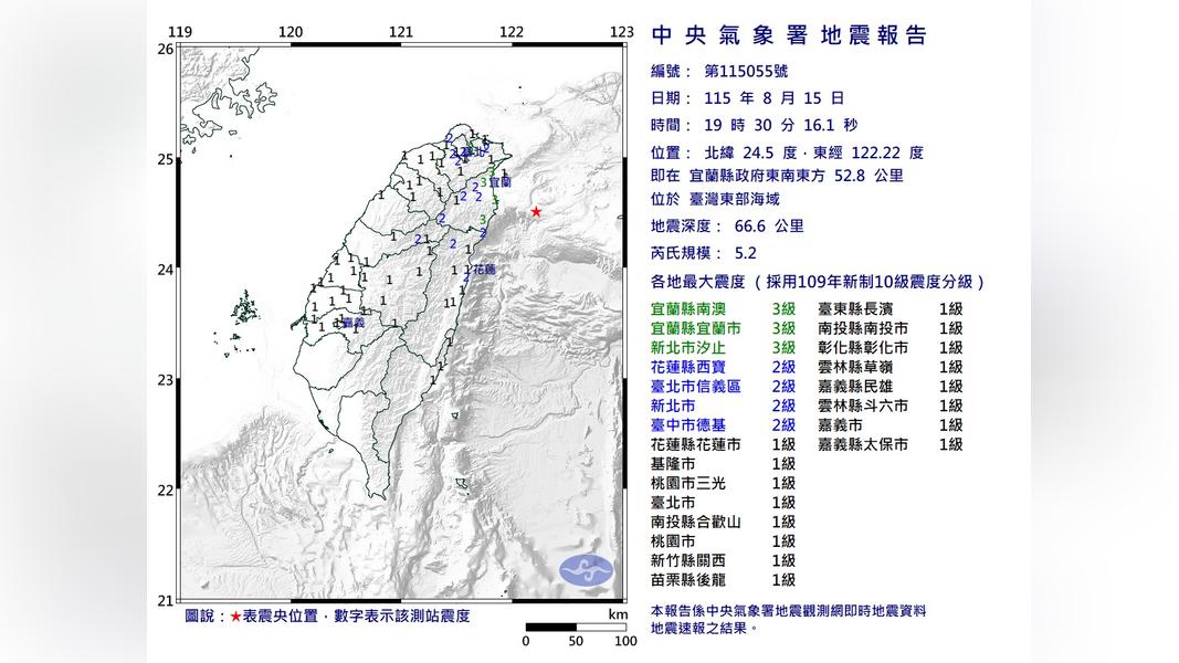 東部海域晚間規模5.2地震 氣象署測報中心:屬隱沒型地震