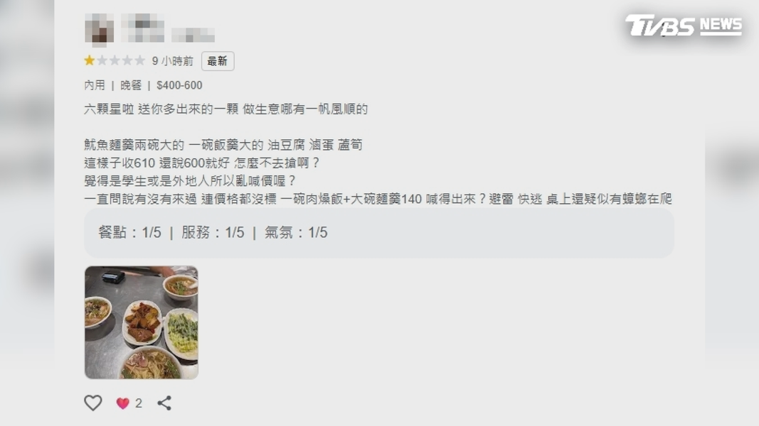 結帳時,老闆娘說610,收他們600元,把消費者嚇壞,直呼怎麼不去搶,事後在社群PO文,沒想到釣出一票網友喊貴(圖/翻攝google評論)