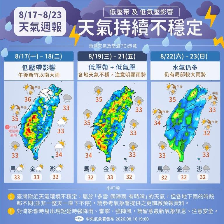 受低壓帶影響，水氣偏多，本週天氣不穩。（圖／中央氣象署）
