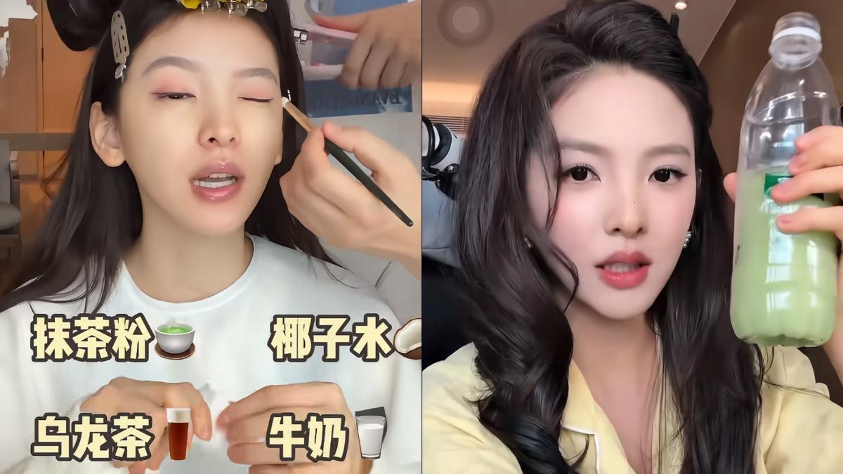 章若楠在直播中分享自己常喝抹茶椰子水,可以幫忙身體排出水分,消腫速度相當快。(圖/翻攝自小紅書@bobo、@宇鑫貝貝)