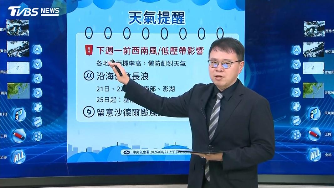 針對未來天氣,葉致均說明,周日到下周一期間,台灣附近的西南風有可能逐漸增強。(圖/TVBS)