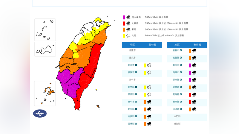 台南高雄屏東防超大豪雨 彰雲嘉宜中投蘭嶼澎湖防豪雨