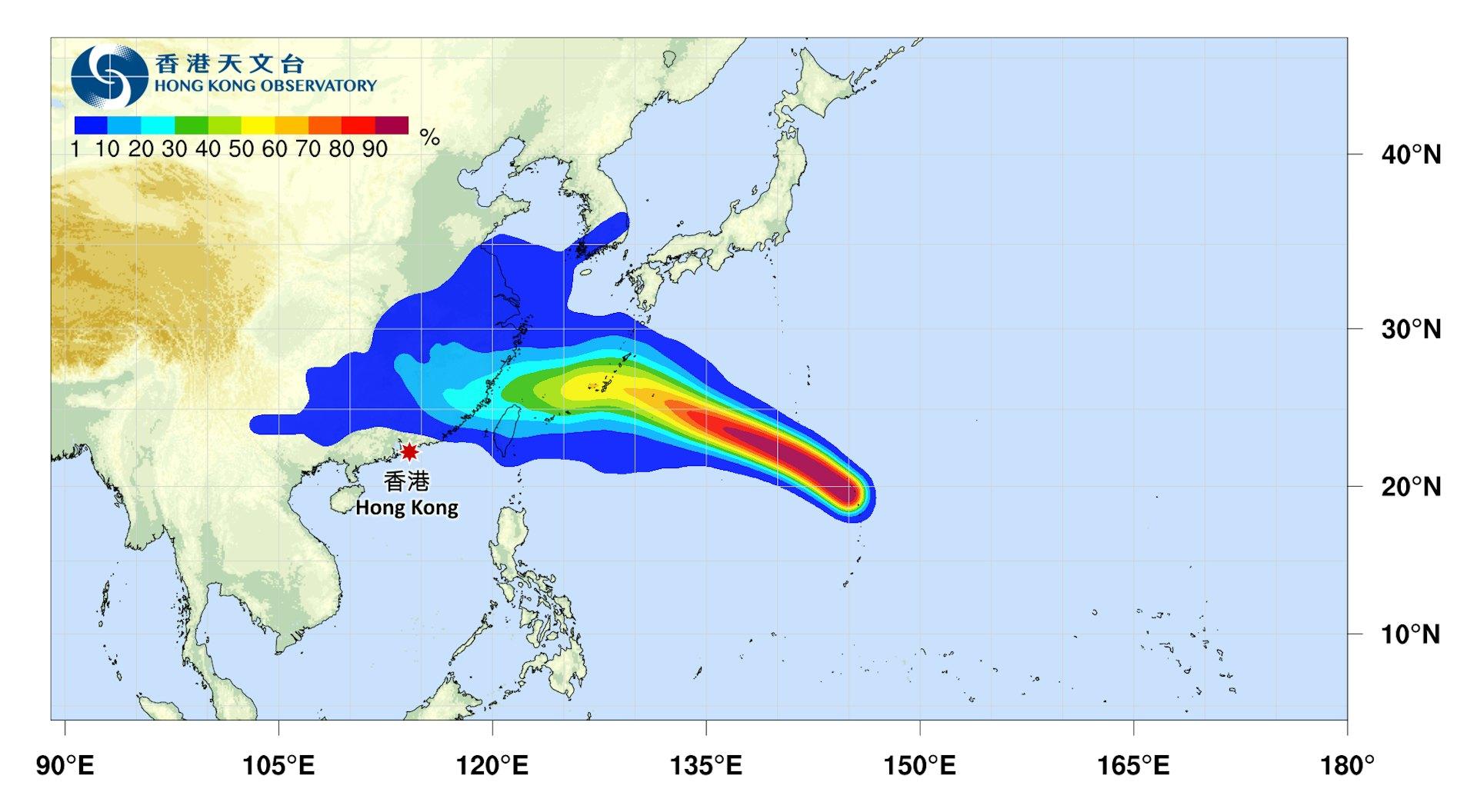超強颱風沙德爾現仍在東經140度以外，天文台預估大致移向琉球群島中部至東海一帶，對香港威脅機率為0%。（圖／翻攝自香港天文台）