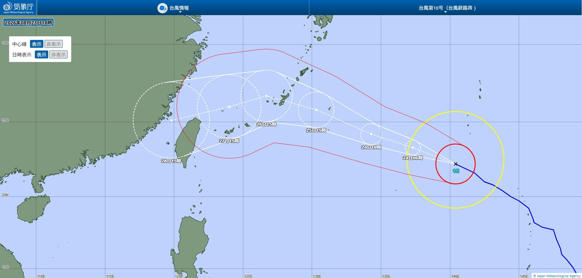 日本氣象廳8月23日下午3時更新熱帶氣旋沙德爾（日本列非常強颱風級）預測26日掠過沖繩本島後轉向西南移動並減弱，橫過台北北面近海，28日在福建莆田一帶登陸。（圖／翻攝自日本氣象廳）