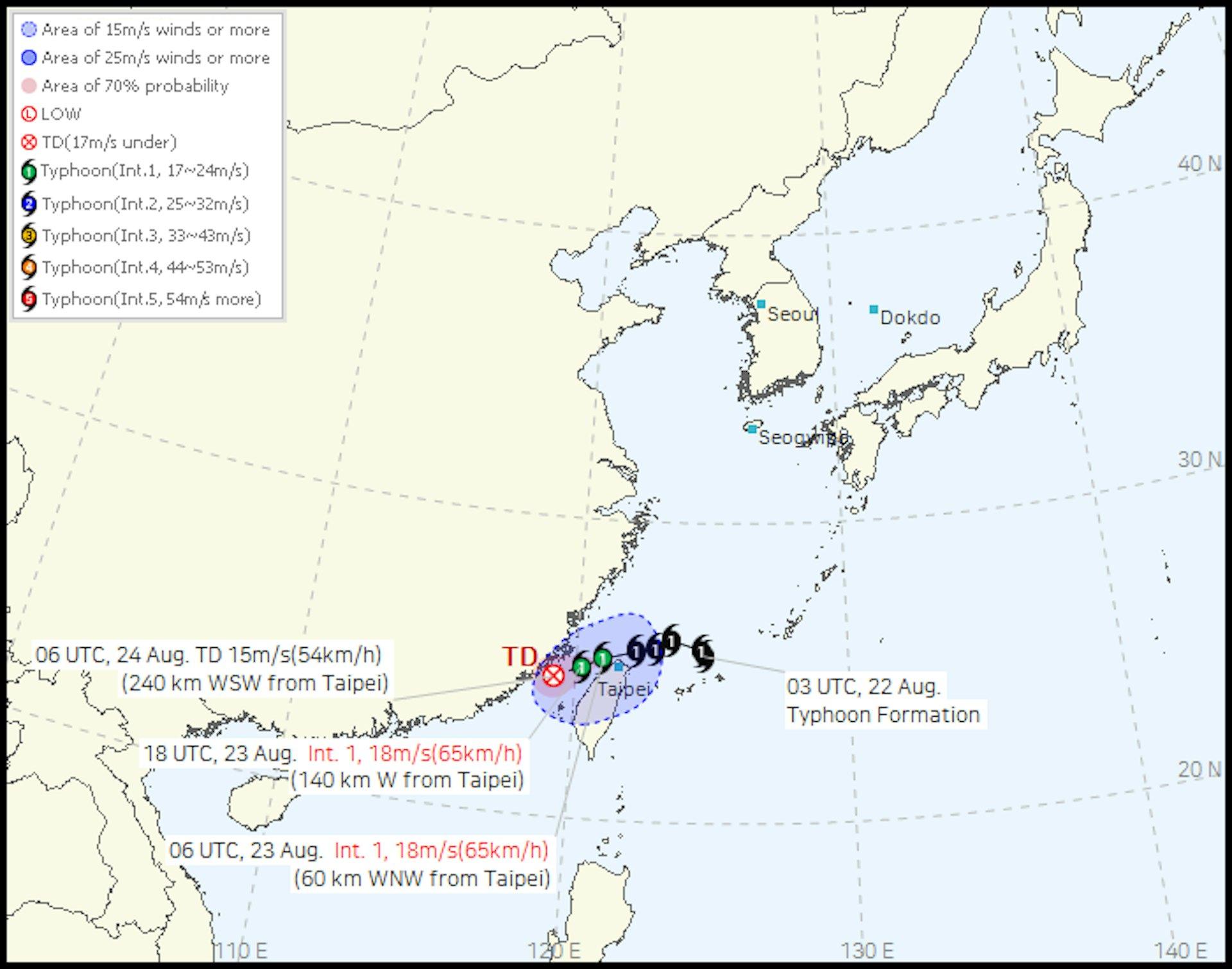 韓國氣象廳8月23日上午11時預測熱帶氣旋簡拉維（韓國列第一級颱風級）移向台灣海峽，24日減弱為熱帶低氣壓。（圖／翻攝自韓國氣象廳）