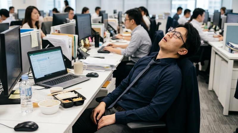 午餐吃完,飯後昏沉、想睡的狀態,又常被稱為「暈碳」。(圖/AI 生成)