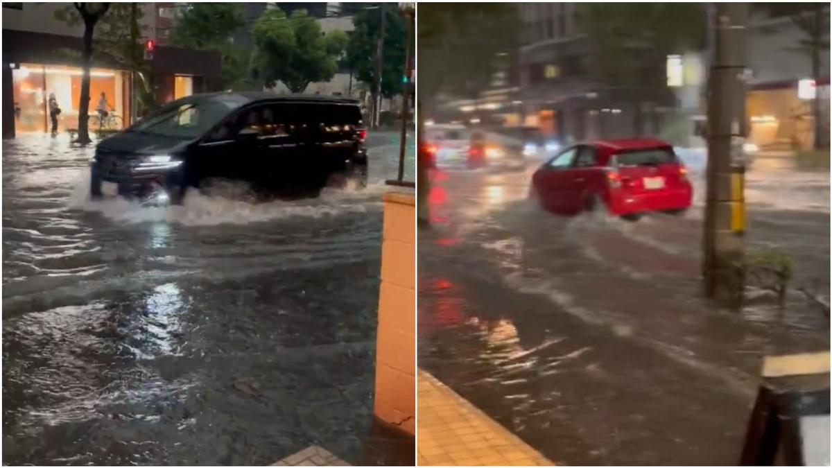 福岡突降暴雨成災!淹水達半個輪胎 2民眾「車門打不開」受困