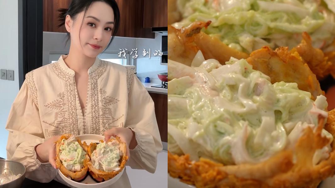 「酸奶黃瓜雞肉碗」利用酥脆氣炸的雞肉搭配清爽黃瓜蟹柳沙拉,讓減脂期間也能吃得超滿足。(圖/翻攝自小紅書@鍾欣潼)