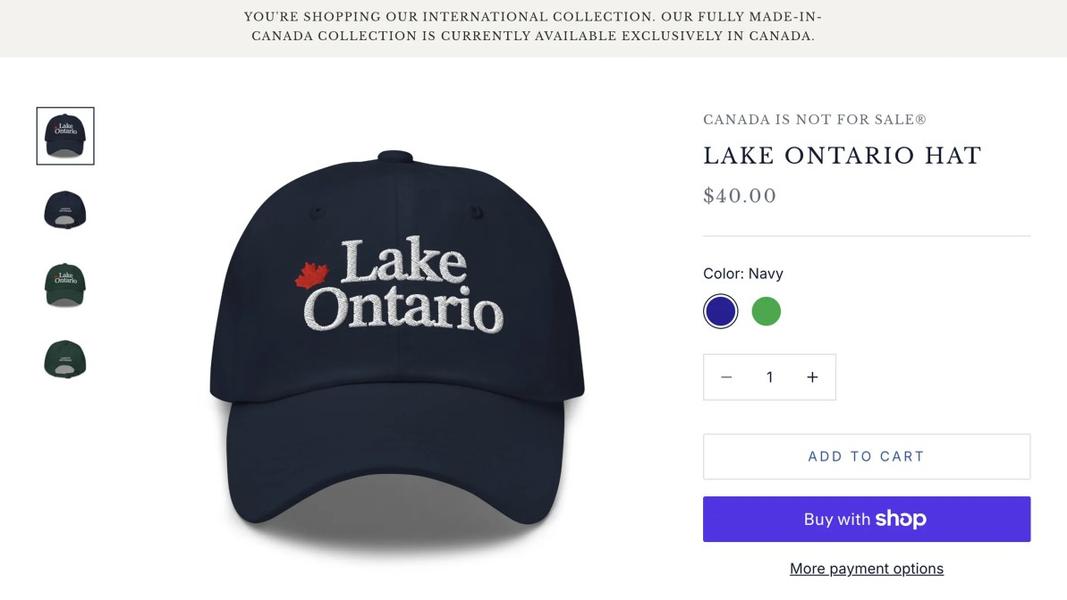 渥太華的服飾公司Jackpine火速上架印有「Lake Ontario」字樣的藍色棒球帽。(圖/翻攝自Jackpine)