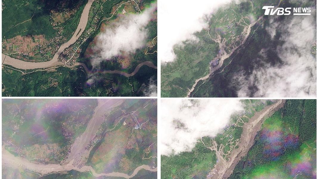 合成衛星影像對比顯示了尼泊爾Devighat地區(左上下圖)在2026年8月23日和Hakubesi地區在2026年8月25日(上圖)和26日(下圖)遭受致命山洪和泥石流襲擊前後的景象。ㄏ(圖/達志影像路透社)