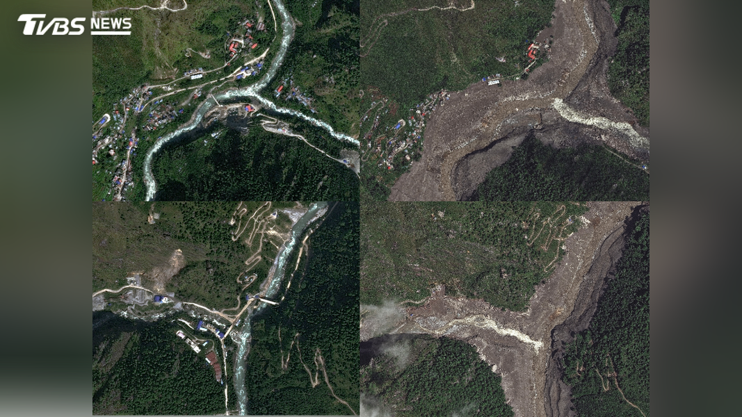 衛星影像顯示,特里舒利河(Trishuli River)及周邊水域在洪災後劇烈變化。(圖/達志影像路透社)