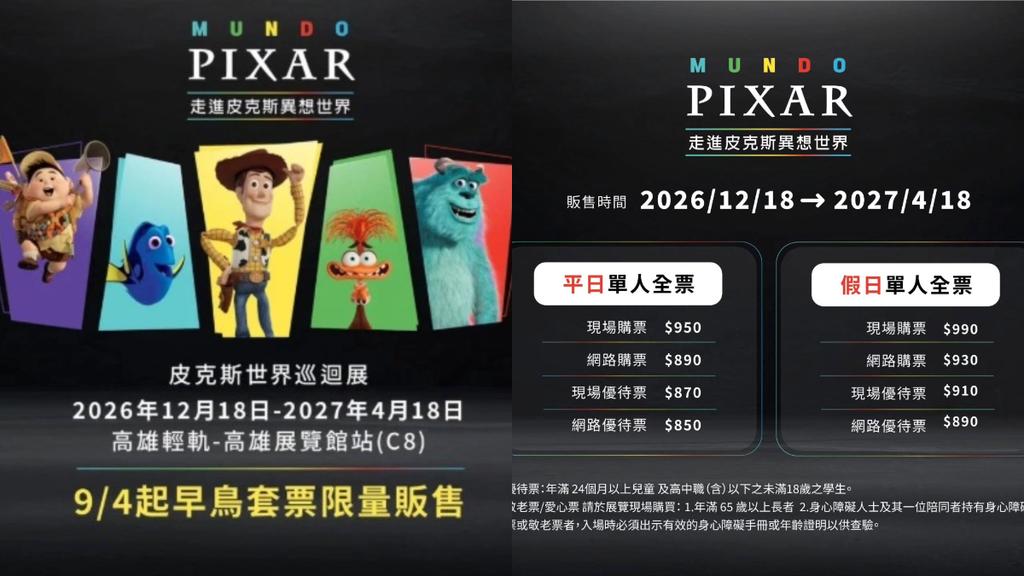 8月底官方也正式公開,台灣站的票價分為平日場、假日場不同票價。(圖/翻攝自MUNDO PIXAR皮克斯世界巡迴展臉書)