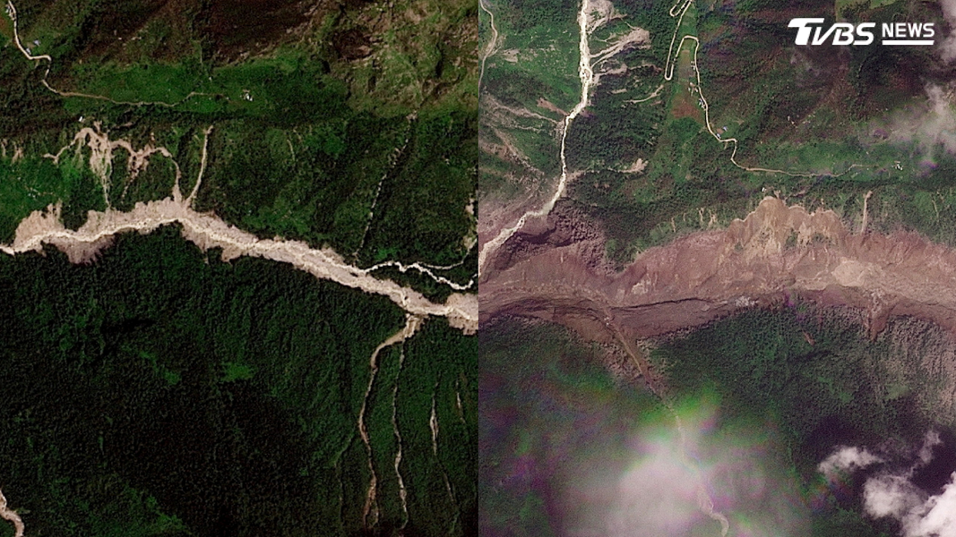 衛星畫面對比顯示,同一地點在洪災前後呈現截然不同的景象。(圖/達志影像路透社)