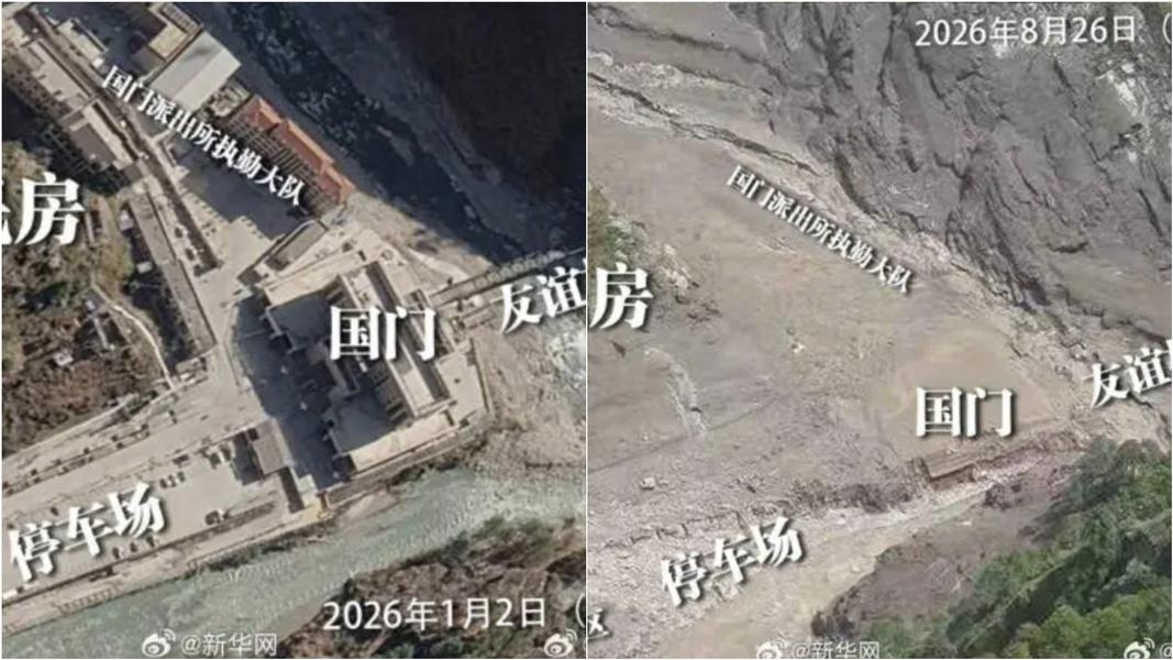 吉隆口岸災前(左)與災後對比照曝光。(圖/翻攝北京日報)
