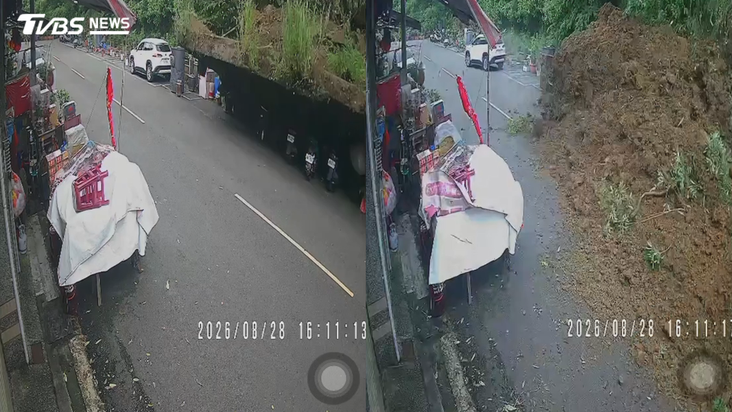 擋土牆突然崩塌,崩塌範圍長達十幾公尺,大量土石瞬間傾瀉而下,發出巨大聲響(圖/TVBS)