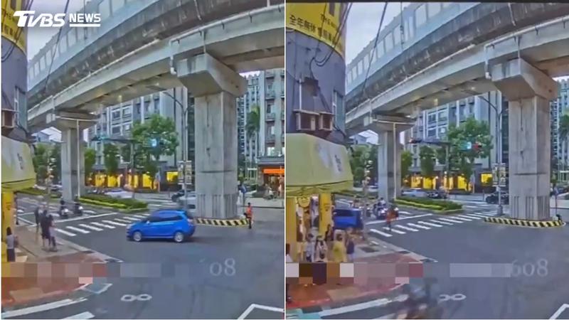 監視器拍下老翁開車逆向衝上人行道的驚險過程。(圖/TVBS)
