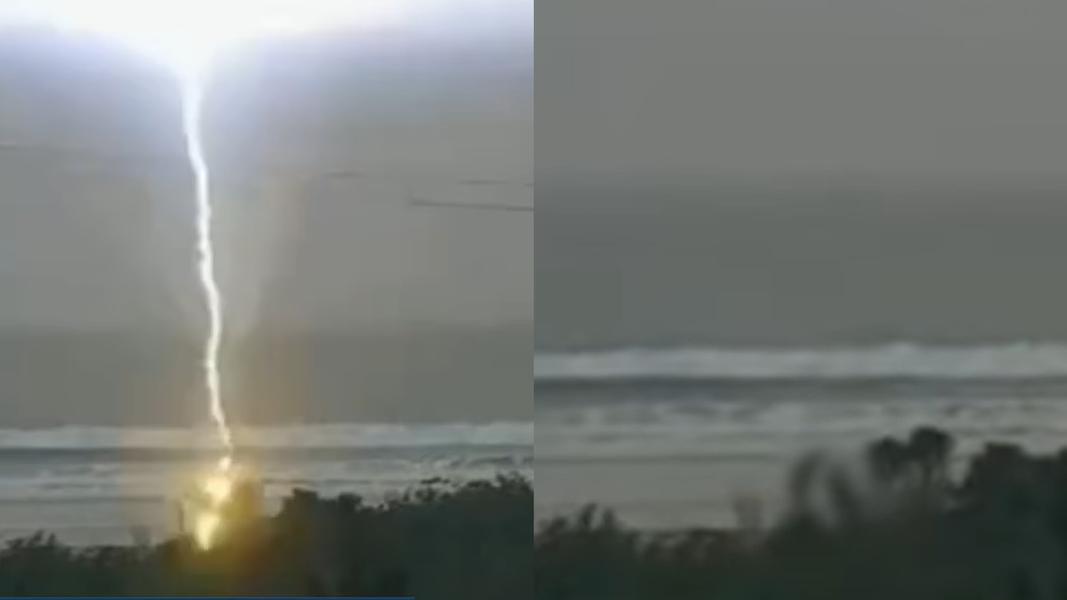 巨大閃電劈下後,一人倒地。(圖/翻攝YouTube@Brasil Urgente)