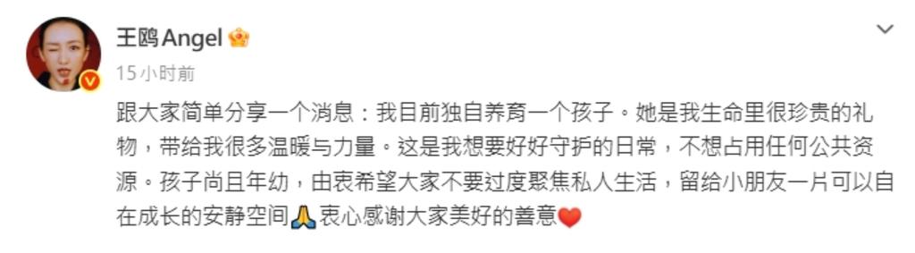 王鷗昨日突發文承認獨自育有1名孩子。（圖／翻攝自王鷗微博）