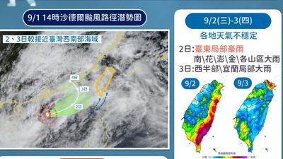 颱風/沙德爾路徑回馬槍「準備北轉」!氣象署曝海警機率