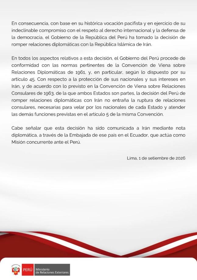 秘魯正式與伊朗斷交的官方公報（圖／翻攝自X@CancilleriaPeru）