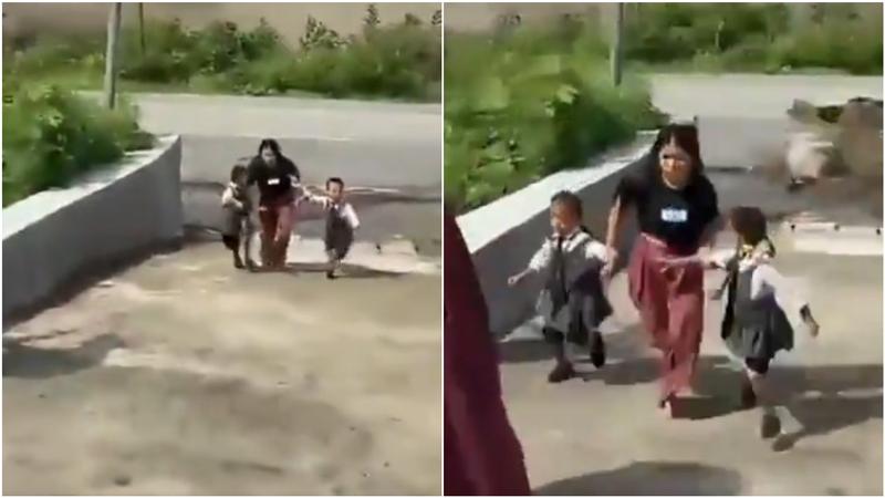 差幾秒就會被尼泊爾洪水捲走 女子緊抓2孩童飛奔