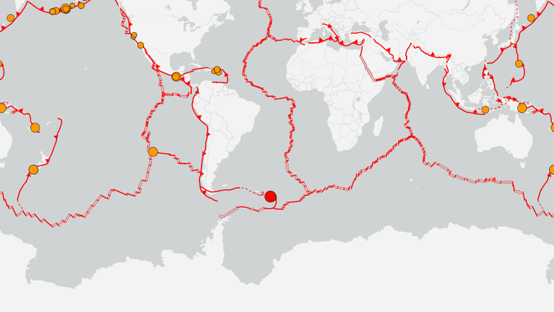 南大西洋南桑威奇群島(South Sandwich Islands)地區今(3)日上午發生規模6.2地震,紅色為震央。(圖/翻攝USGS)