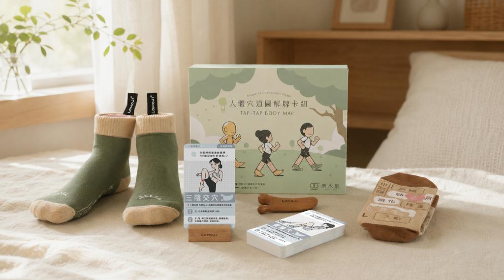 《人體穴道圖解牌卡組》,集結穴道圖解牌卡,並搭配 MIT 穴道襪、經絡刮痧按摩板等工具,讓穴位保養更容易融入日常。/圖片來源:業者提供