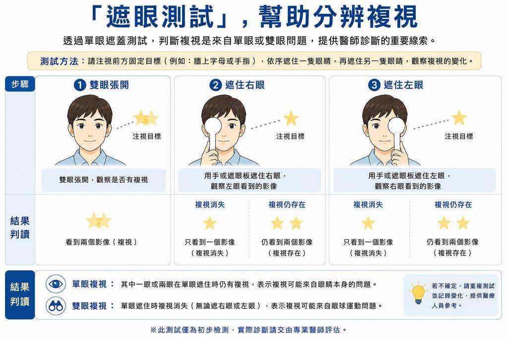 「遮眼測試」幫助分辨複視。(圖/AI生成圖由羅元璟醫師提供)