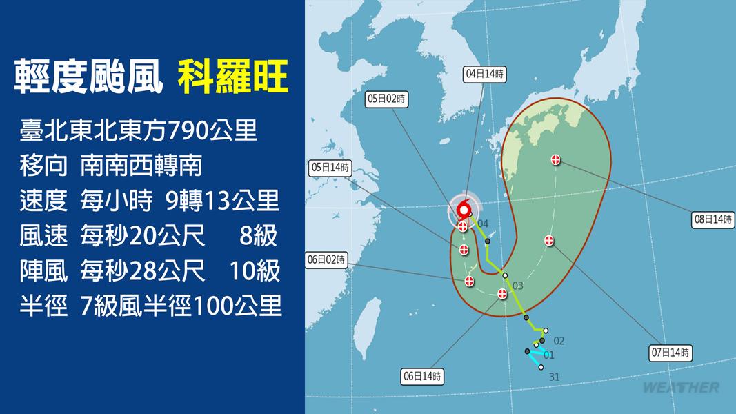 明天颱風科羅旺外圍雲系估持續影響台灣。(圖/中央氣象署)