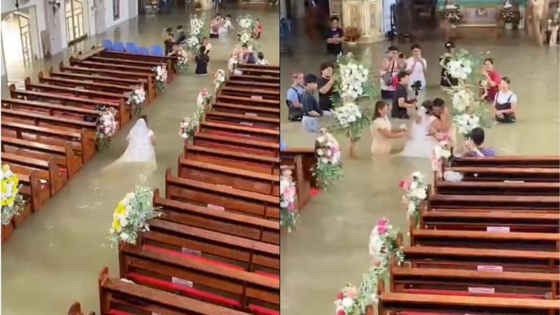 新娘涉水走向祭壇,完成婚禮儀式。(圖/翻攝ViralPress)