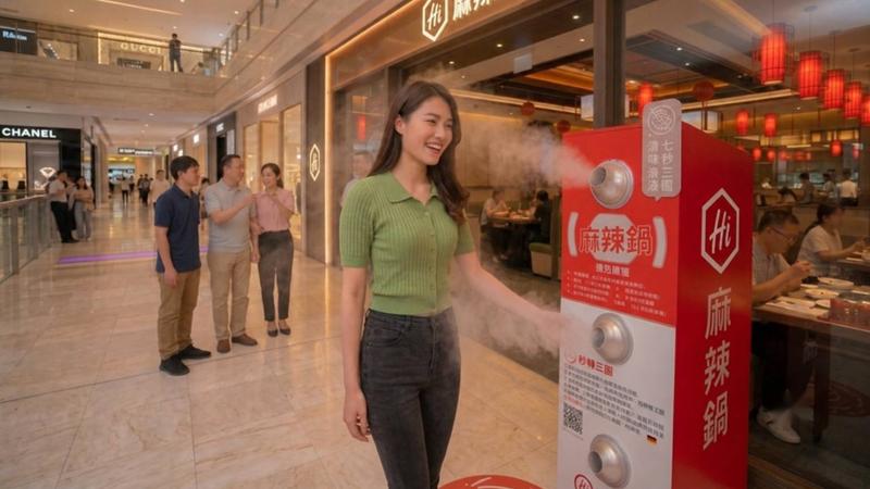 連鎖火鍋門店出入口的清味門全身除味機:感應噴霧、轉三圈、約七秒,離場不再一身味。(圖 / AI生成場景示意,普印通提供)