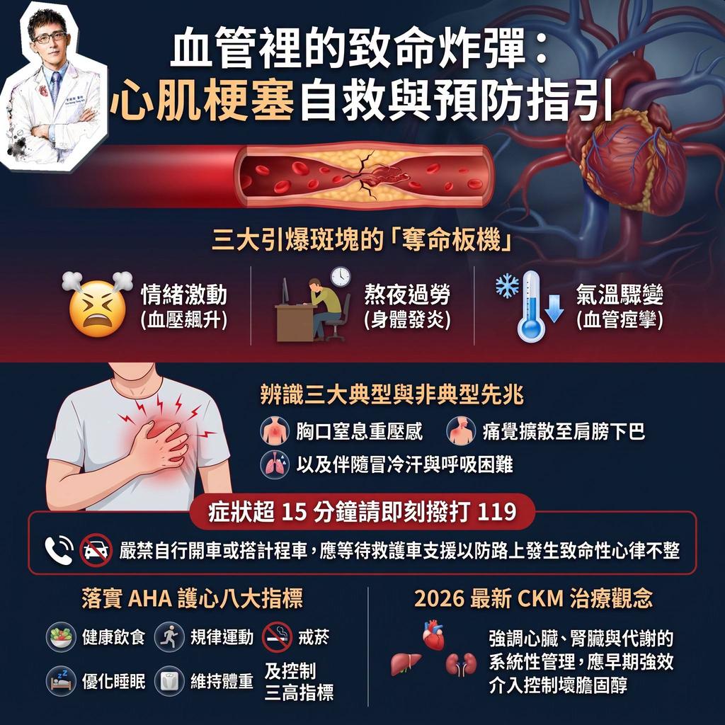心肌梗塞有三大引爆點,包括情緒激動、熬夜過勞、氣溫驟變。(圖/曾國翔醫師提供)