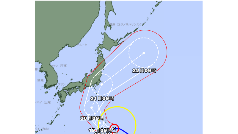杜鵑颱風21日影響最明顯,東京至仙台一帶尤其要注意。(圖/日本氣象廳)