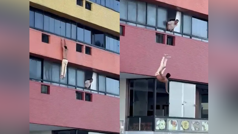 巴西一名男子疑因偷情遭女方丈夫撞見,半裸爬窗逃跑時不慎失足踩空墜樓,全身多處重傷(圖/翻攝自X@choquei)