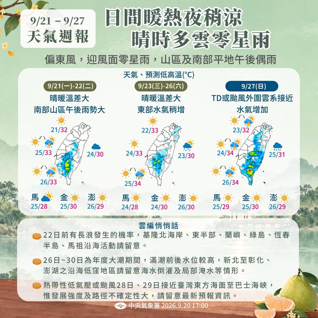 週三起東部水氣增加。(圖/氣象署)