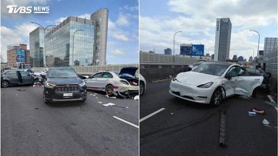 上班時間塞爆!台1線高架4車追撞8人傷 現場慘況曝