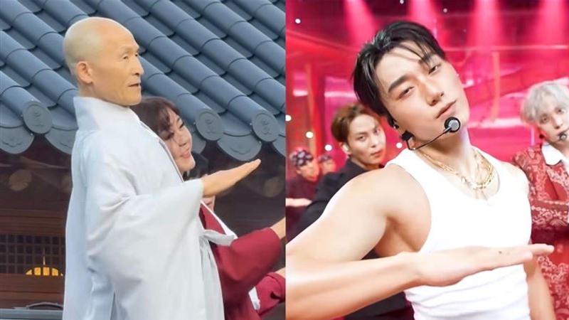 南韓德山法師於「2026水國寺山寺文化節」身穿僧服熱跳ATEEZ歌曲《BAD》,以精湛舞技與獨特魅力吸引大批網友關注。(圖/翻攝自Instagram左@hocheol.kim.716右@choi3an)