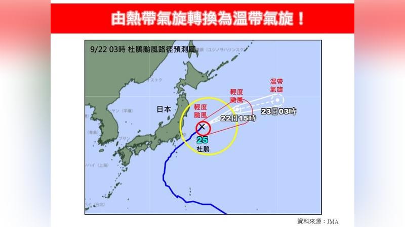 杜鵑颱風強襲日本,預估今晨起將加速遠離,並在明晨轉為溫帶氣旋。(圖/翻攝自臉書@林老師氣象站)