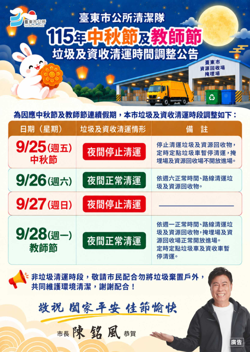 2026中秋節垃圾車-2026教師節垃圾車-中秋節垃圾清運-教師節垃圾清運-垃圾車時間-台東縣垃圾車查詢