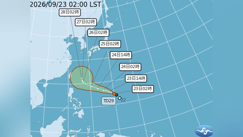 熱帶性低氣壓TD29預計最快今日升格為颱風「舒力基」。(圖/中央氣象署)