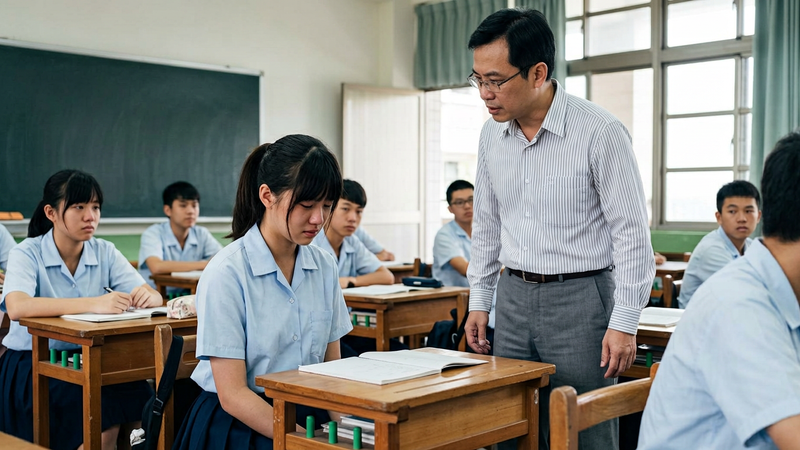 男教師當眾對女學生身材羞辱言語及不當肢體觸碰。(圖/AI 生成)