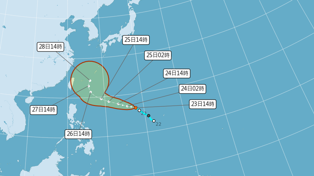 氣象署路徑圖顯示,舒力基有望在沖繩一帶北轉。(圖/翻攝自中央氣象署)