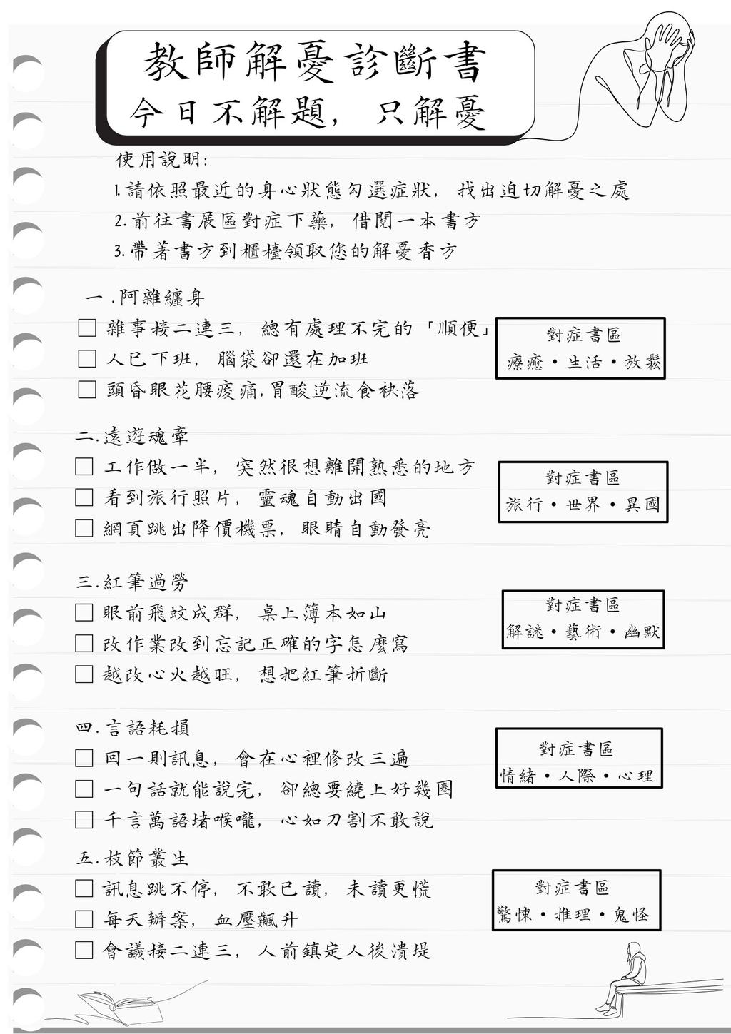 老師填寫趣味診斷單，從五種工作心情中，找到最有共鳴的主題。（圖／中正國小提供）